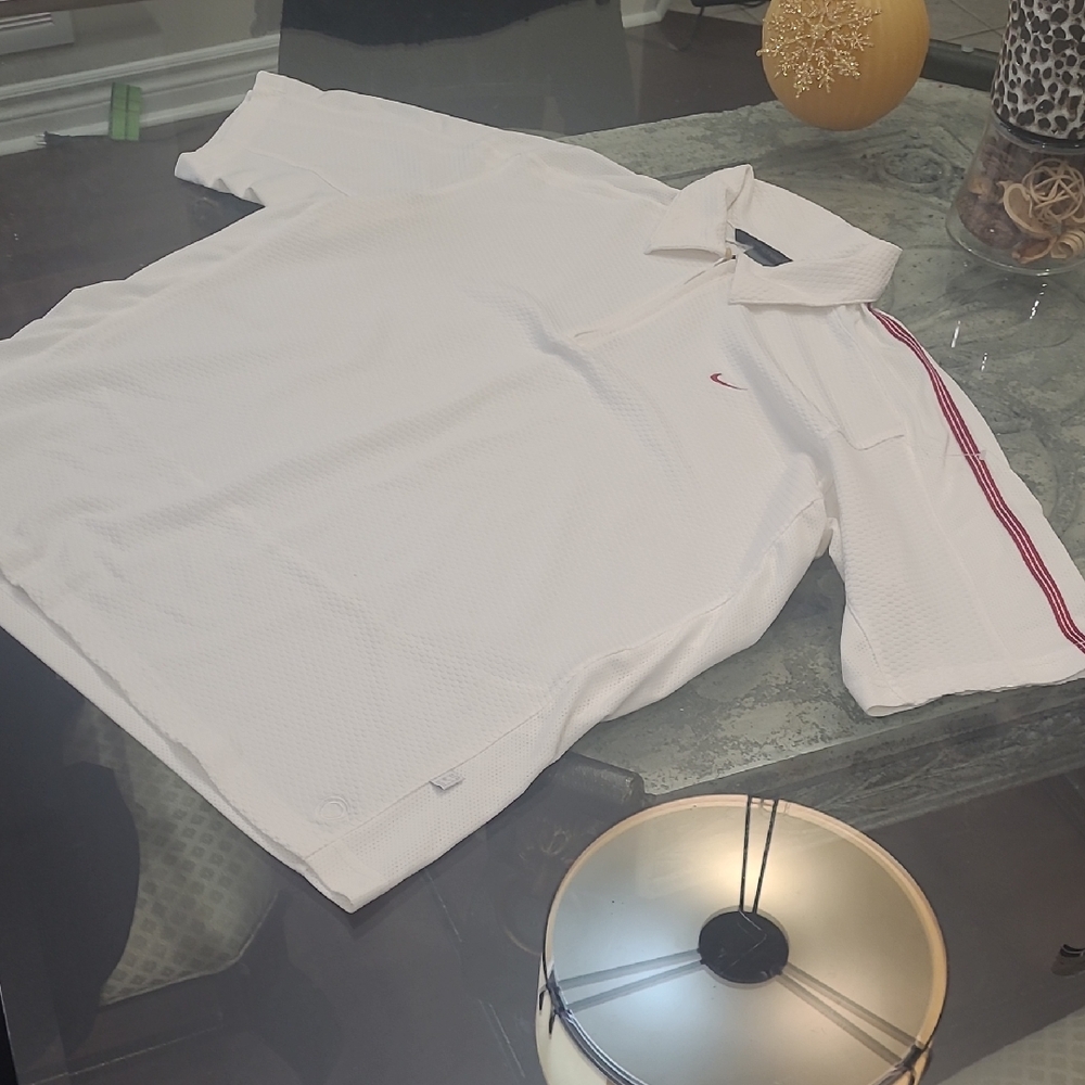 Nike Sphere  Men's Large Polo Golf Shirt in White with Red Stripes 2000's